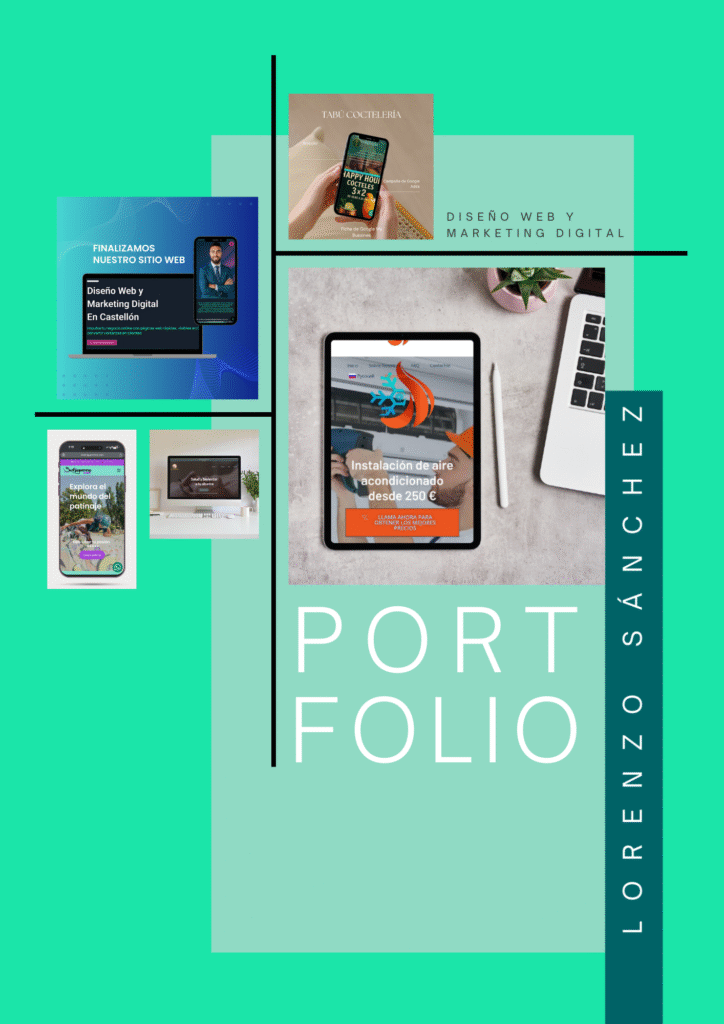 Collage de proyectos digitales en móvil, tablet y ordenador, portfolio de diseño web y marketing digital en Castellón y Valencia.